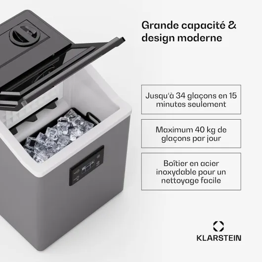 Klarstein FrostMaster Machine à glaçons, 40 kg/jour, 34 glaçons en 15 min, panneau LED, acier inoxydable, machine à glaçons maison, Ice Maker avec pelle à glace