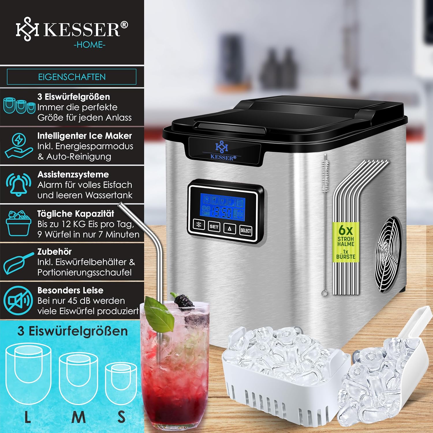 KESSER® Machine à glaçons Acier Inoxydable - Machine à Glace 150 W - 12 kg 24 h - 3 Tailles de glaçons - Préparation en 6 Min - Réservoir d'eau de 2,2 litres Argent