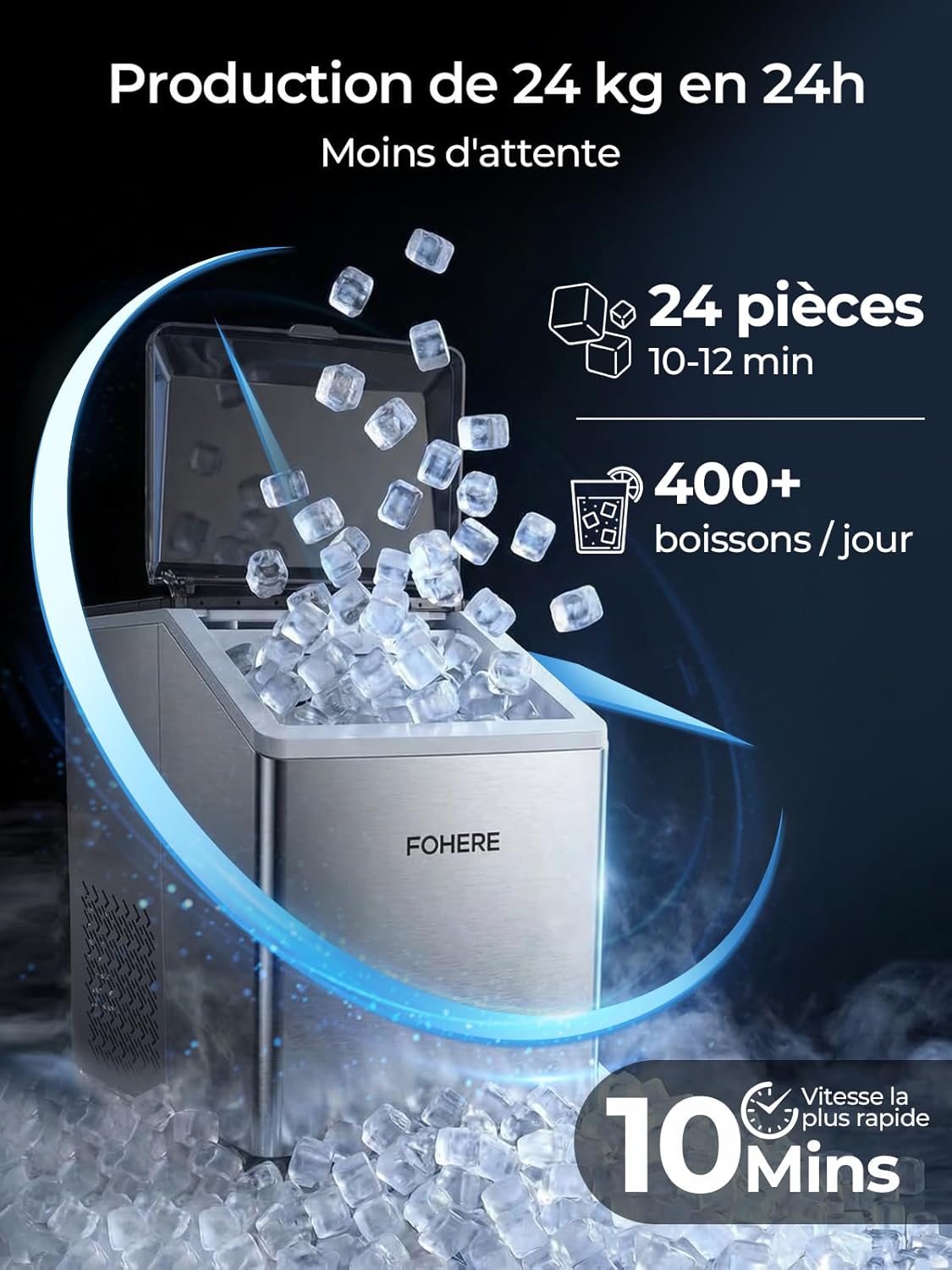 Machine à Glaçons en Acier Inoxydable, 24kg/24h, 24 Glaçons en 10-15 Min, Réservoir 3,2L avec Minuterie, Auto-Nettoyage & Dégivrage, Double Alimentation en Eau, 35dB, Bar & Gastronomie Argent