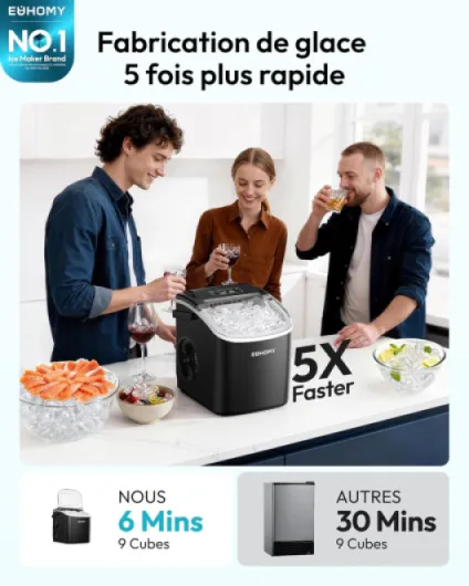 EUHOMY Machine à Glaçons, Petite Machine a Glacons, 9 Glaçons En 6 Minutes, Auto-Nettoyante Machine Glacon, Avec Poignée de Transport Et Panier à Glace, 12 Kg/Jour Machine a Glacon, Ice Maker Noir Noire-12kg
