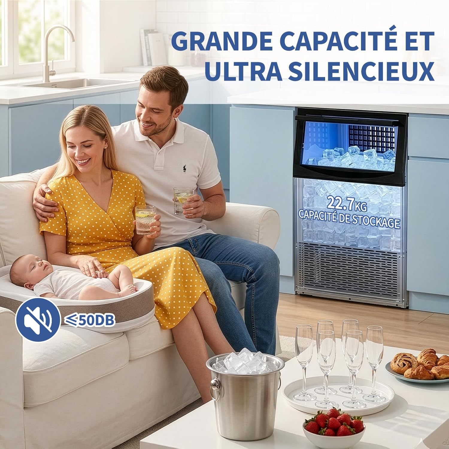 Machine à Glaçons Commerciale 50 kg/24h, Capacité de Stockage 23 kg, 50 Glaçons par Cycle, Acier Inoxydable, Nettoyage Automatique, Idéale pour Bar, Restaurant et Café 50kg/24h