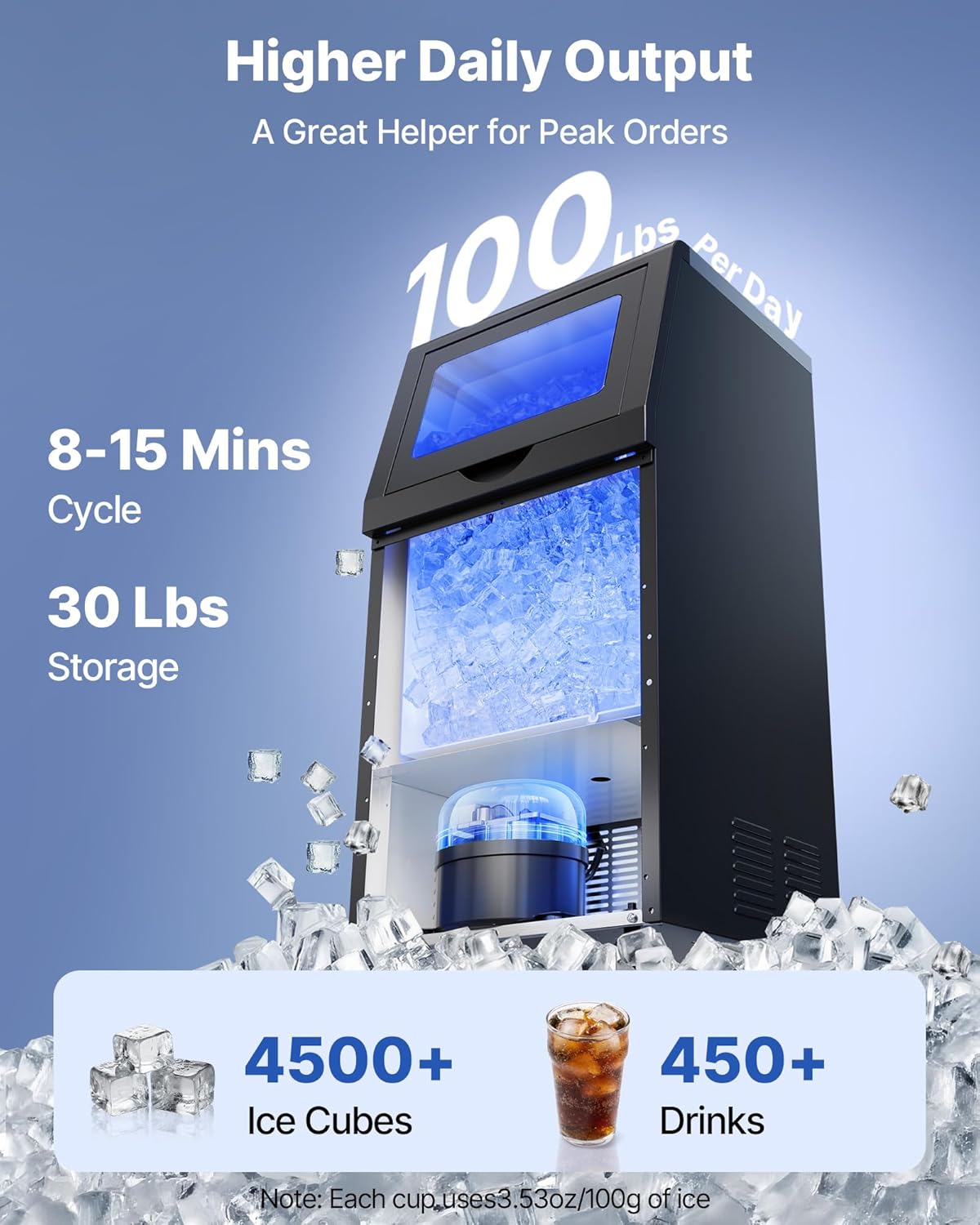 Machine à Glaçons Commerciale, Fabrique de Glaçons Rendement Élevé 45 kg/24 h avec Stockage de 14 kg, pour Bar Café Restaurant Débit de Boissons, avec Affichage LED et Fonction Autonettoyage