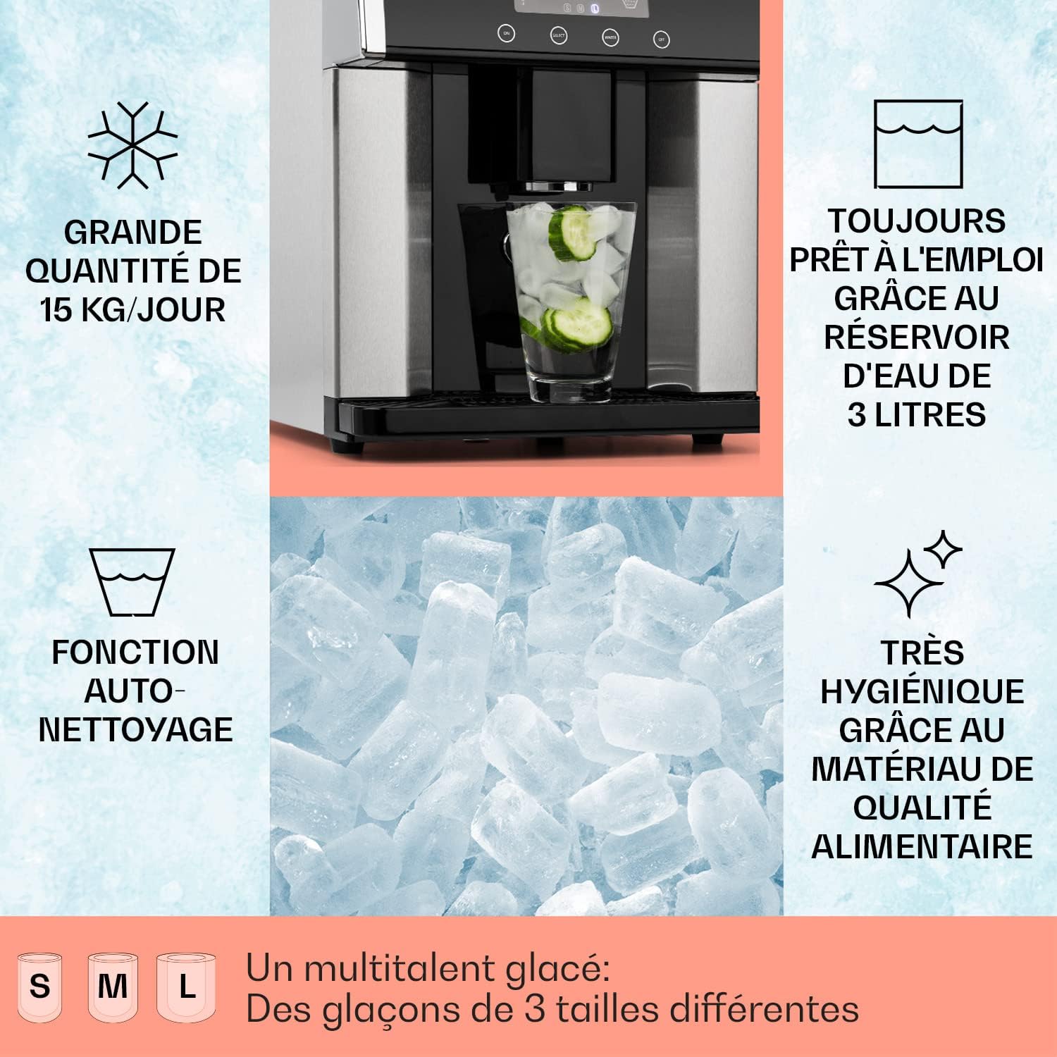 Machine a Glacons pour la Maison, Capacité de 3L, Fabrique Rapidement Jusqu'à 15kg de Glacons, Machine à Glaçons de 3 Tailles en Forme de Balles, Ice Maker avec Alarme et Facile à Nettoyer Argent