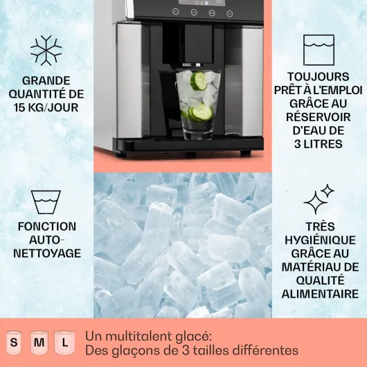 Machine a Glacons pour la Maison, Capacité de 3L, Fabrique Rapidement Jusqu'à 15kg de Glacons, Machine à Glaçons de 3 Tailles en Forme de Balles, Ice Maker avec Alarme et Facile à Nettoyer Argent