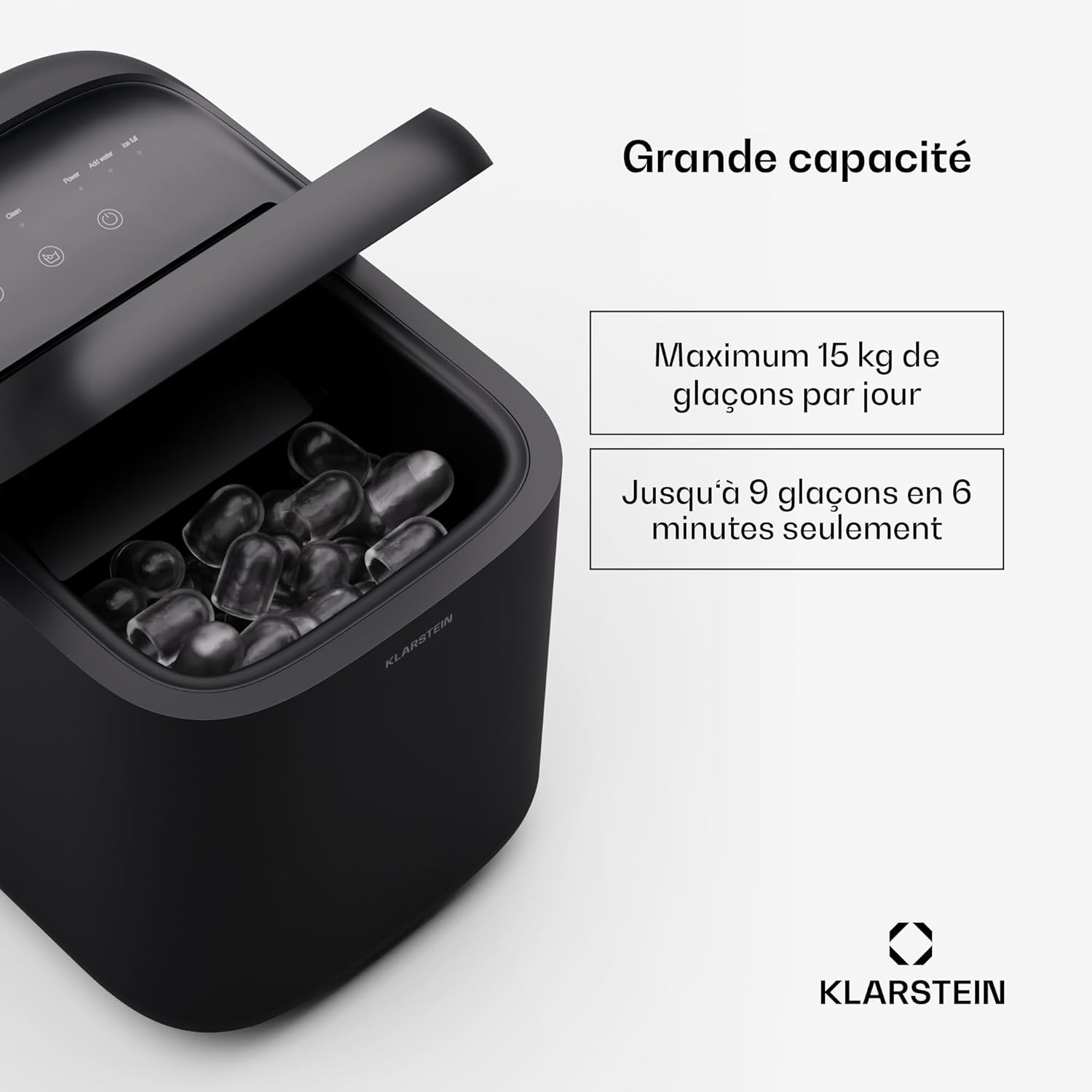 SparkIce machine à glaçons - 15 kg/24 h, 6 min, 2 tailles, nettoyage auto, tactile, pelle incluse, à glaçons maison, petite machine, noir