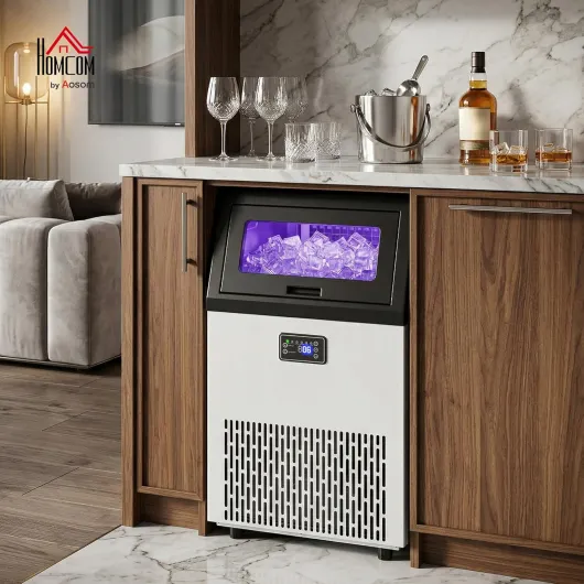 Machine à glaçons commerciale 55 kg/24 h autonettoyante en acier inoxydable avec 13 kg de mémoire, minuterie, machine à glace avec lumière LED, pelle à glace pour bar, bureau, restaurant, café