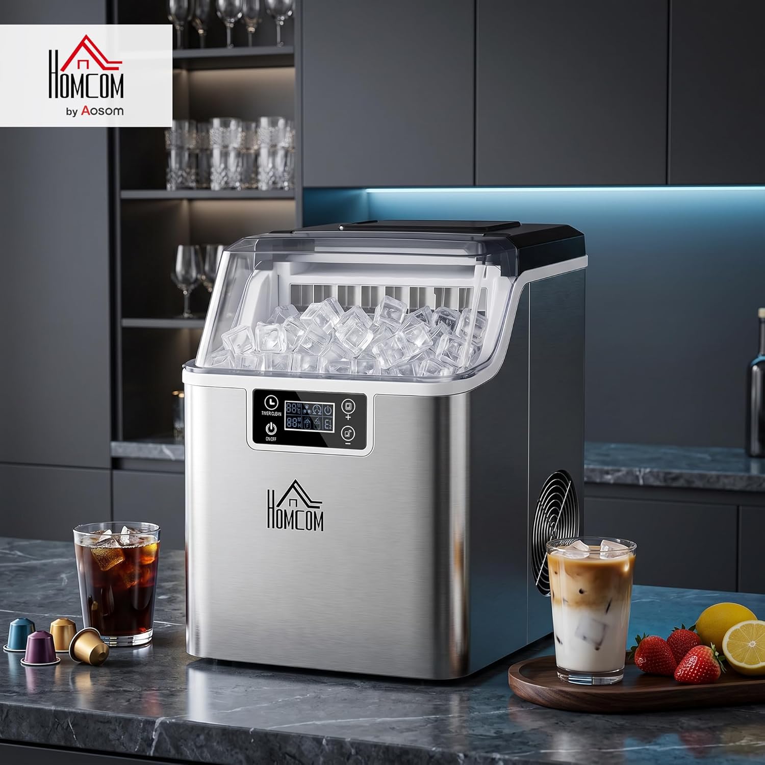 Machine à glaçons, Ice Maker en acier inoxydable 24 glaçons en 14-18 min., 20kg/24h, réservoir d'eau de 3,2L, préparateur de glaçons autonettoyant avec 2 types de remplissage d'eau, pour Silber Eiswürfel