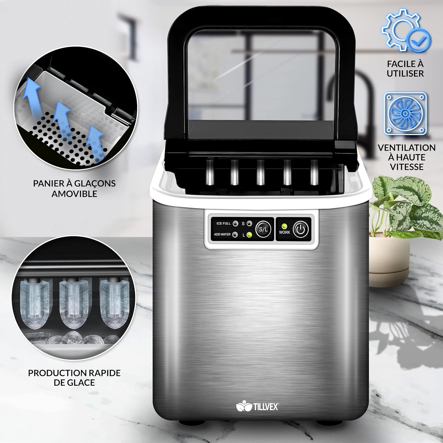 Tillvex Machine à glaçons en inox 12 kg - 24 h - Préparation de glaçons réservoir 2,2 litres - Ice Maker écran LED et nettoyage automatique - 2 tailles de glaçons Argent