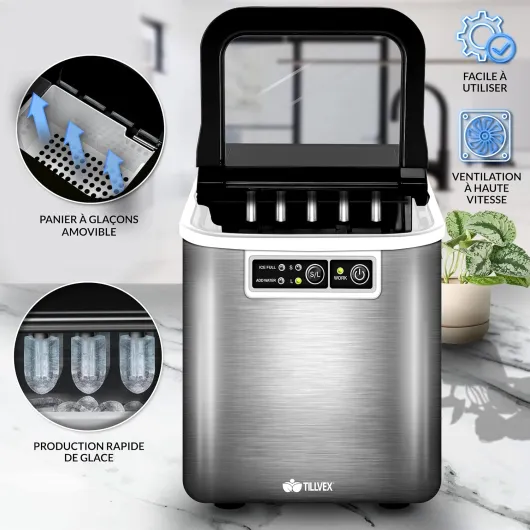 Tillvex Machine à glaçons en inox 12 kg - 24 h - Préparation de glaçons réservoir 2,2 litres - Ice Maker écran LED et nettoyage automatique - 2 tailles de glaçons Argent