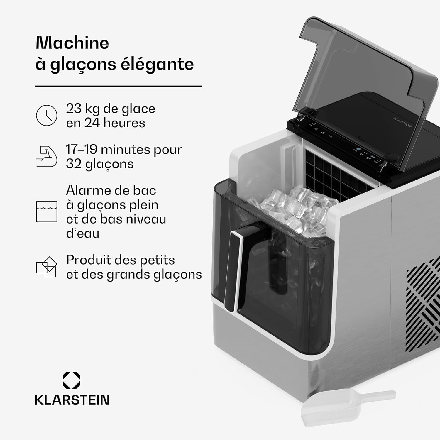 Machine à Glaçons - Acier Inoxydable, 23 kg/24 h, 32 Glaçons/Cycle, Nettoyage Auto, Panneau de Commande, Alerte Niveau d'Eau, Design Moderne, Acier inoxydable 23Kg Argent