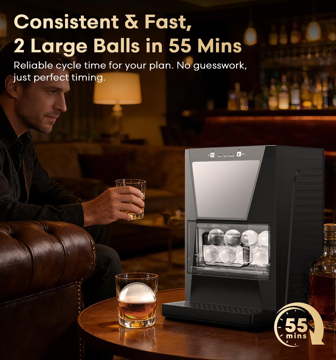 Machine à glaçons transparents, machine à glaçons de 5,6 cm avec recyclage de l'eau et autonettoyant, machine à glaçons à sphère automatique pour whisky de qualité supérieure et cocktails à