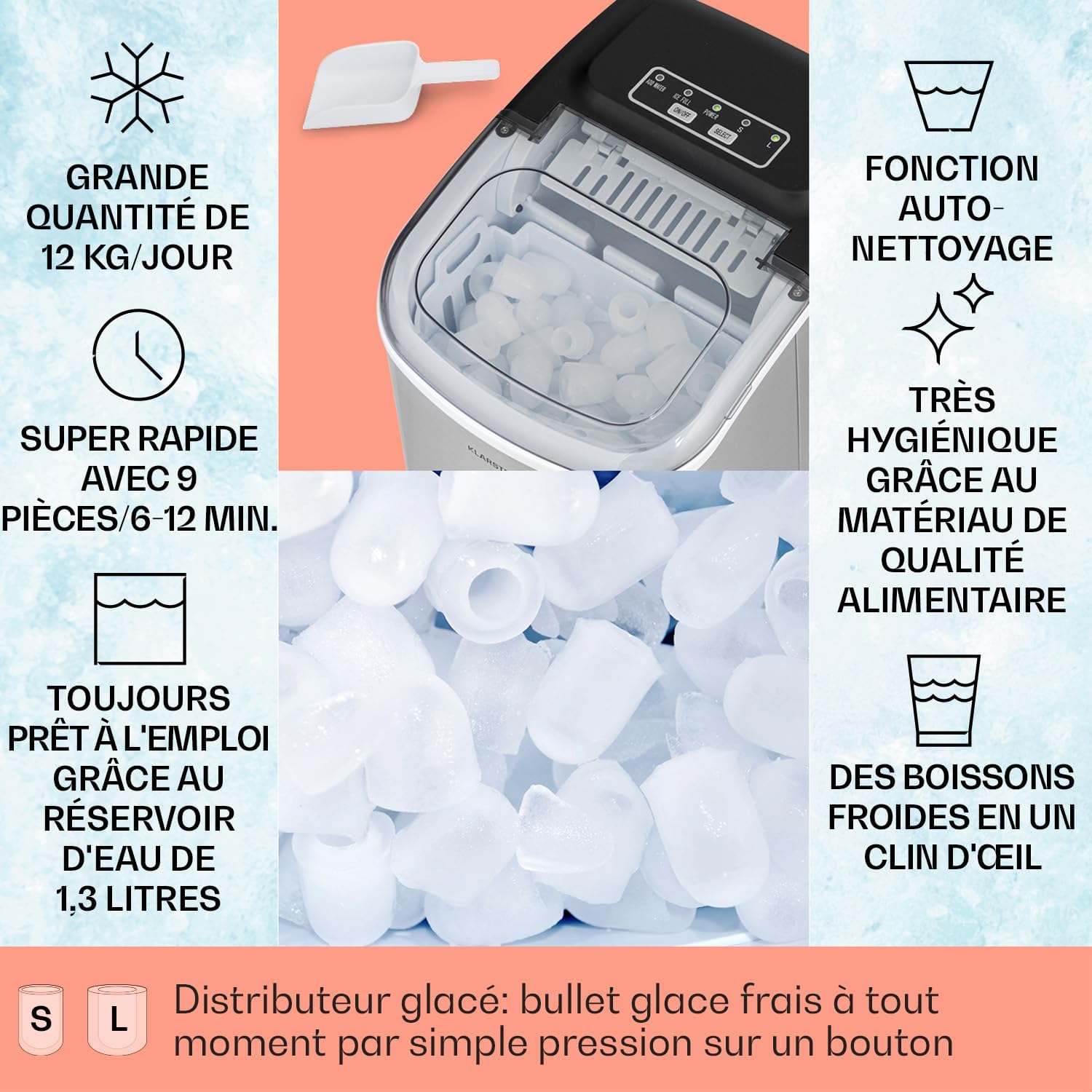 Machine a Glacons pour la Maison, Capacité de 1,3L, Fabrique Rapidement Jusqu'à 12kg de Glacons, Machine a Glaces Petits et Grands Glaçons en Forme de Balles, Autonettoyante, Ice Maker Acier Inox
