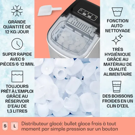 Machine a Glacons pour la Maison, Capacité de 1,3L, Fabrique Rapidement Jusqu'à 12kg de Glacons, Machine a Glaces Petits et Grands Glaçons en Forme de Balles, Autonettoyante, Ice Maker Acier Inox