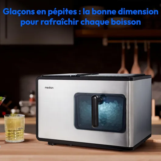 Machine à glaçons (Nugget glaçons, parfait pour boissons & cocktails, réservoir de 2 litres, jusqu'à 15kg de glaçons, temps de production court env - 5 min, panier amovible, autonettoyant, MD119 15kg Nuggets de glace pilée