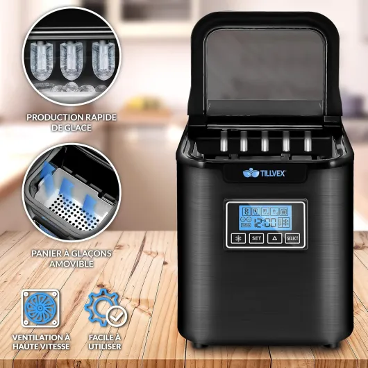 Tillvex Machine à glaçons en inox 12 kg - 24 h - Préparation de glaçons avec minuterie et réservoir 2,2 litres - Ice Maker avec écran LED et nettoyage automatique - 3 tailles de glaçons (Noir)