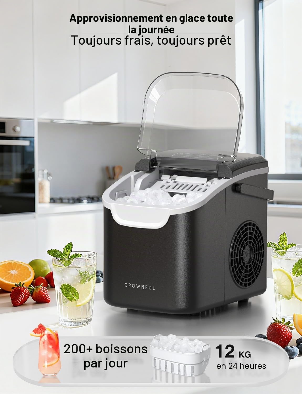 Machine à Glaçons Portable, 8 Glaçons en 6 Minutes, Machine à Glaçons Autonettoyante 12 kg/24 h pour Maison, Cuisine, Bureau, Bar et Fête Noir