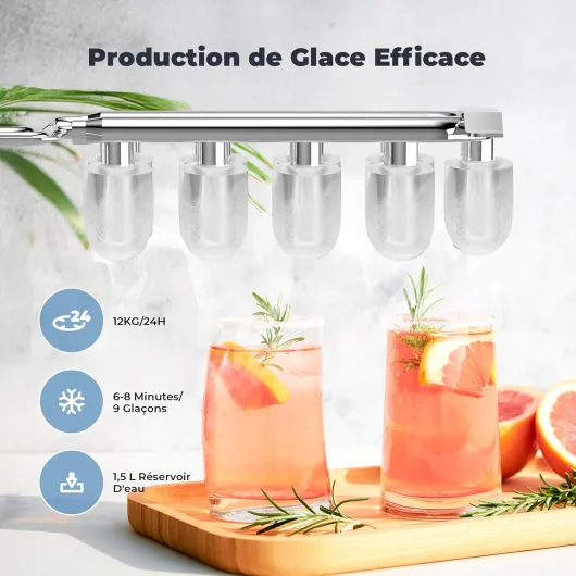 Machine à Glaçons, 12kg en 24h, Acmeenjoy Machine a Glacons avec Cuillère à Glace, 9 Glaçons en 6-8 Minutes, Machine a Glaçons Autonettoyante et Portable pour Camping/Maison/Cuisine Noir