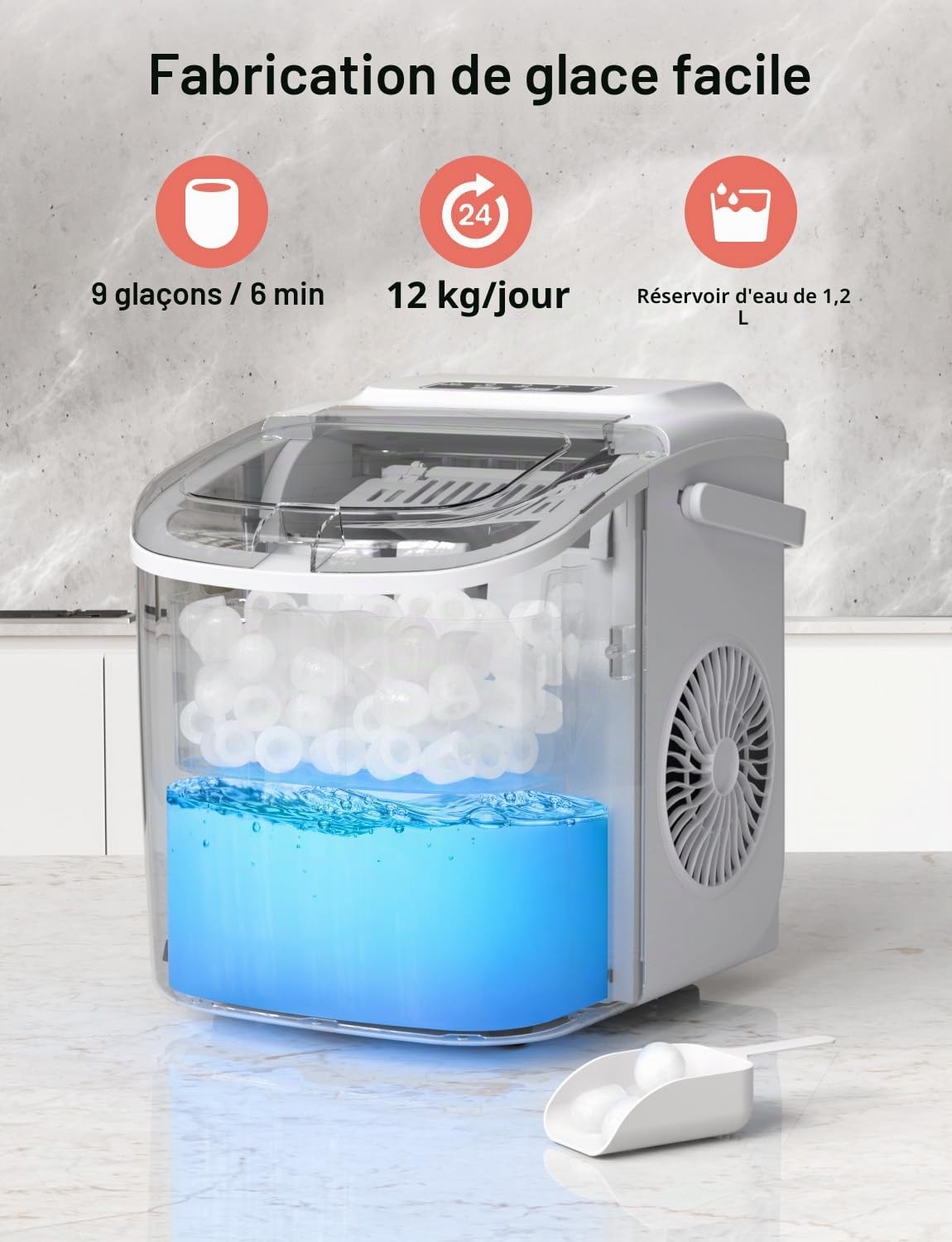 Machine à Glaçon, 12kg en 24h, 9 Glaçons en 6 Minutes, Portable Machine a Glacons avec Capteur Infrarouge et Autonettoyant, Idéale pour Maison, Cuisine, Bureau, Bar, Fête (Blanc)