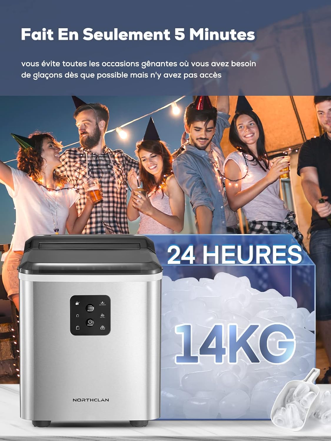 Machine à Glaçons Acier Inoxydable, Autonettoyante, 2 Tailles de Glaçons, 14kg en 24h, 9 Glaçons en 6 Minutes, Écran LCD et Réservoir d'Eau de 2L, Capteur IR, Cuillère à Glaçons et Panier, NORTHCLAN