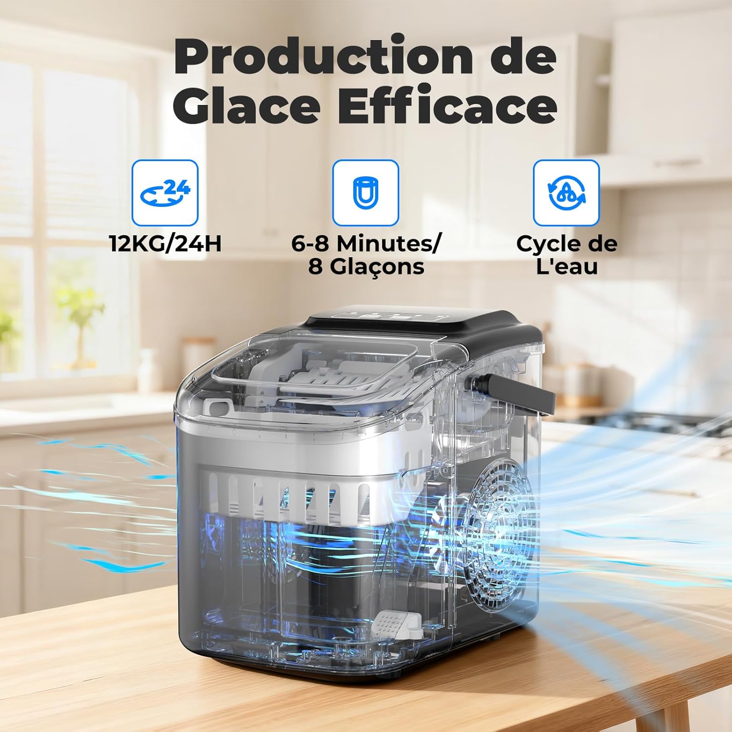 Machine à Glaçons, 12kg en 24h, Portable Machine a Glacons avec Cuillère à Glace, 8 Glaçons en 6-8 Minutes, Autonettoyante, Idéale pour Maison/Cuisine/Camping Noir