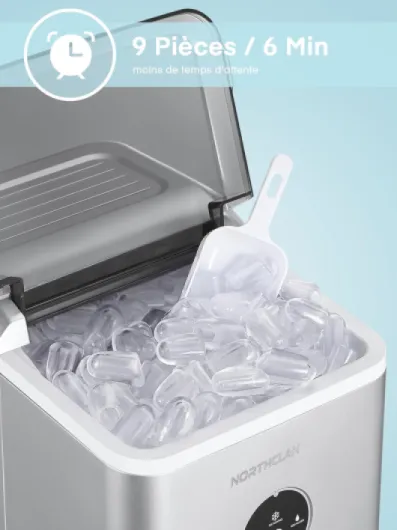 Machine à glaçons 14kg en 24h, 9 glaçons en 6 minutes, silencieux sous 40dB, affichage LED, facile à nettoyer, pelle et panier, sans installation, sur comptoir, pour la maison/cuisine (Argent)