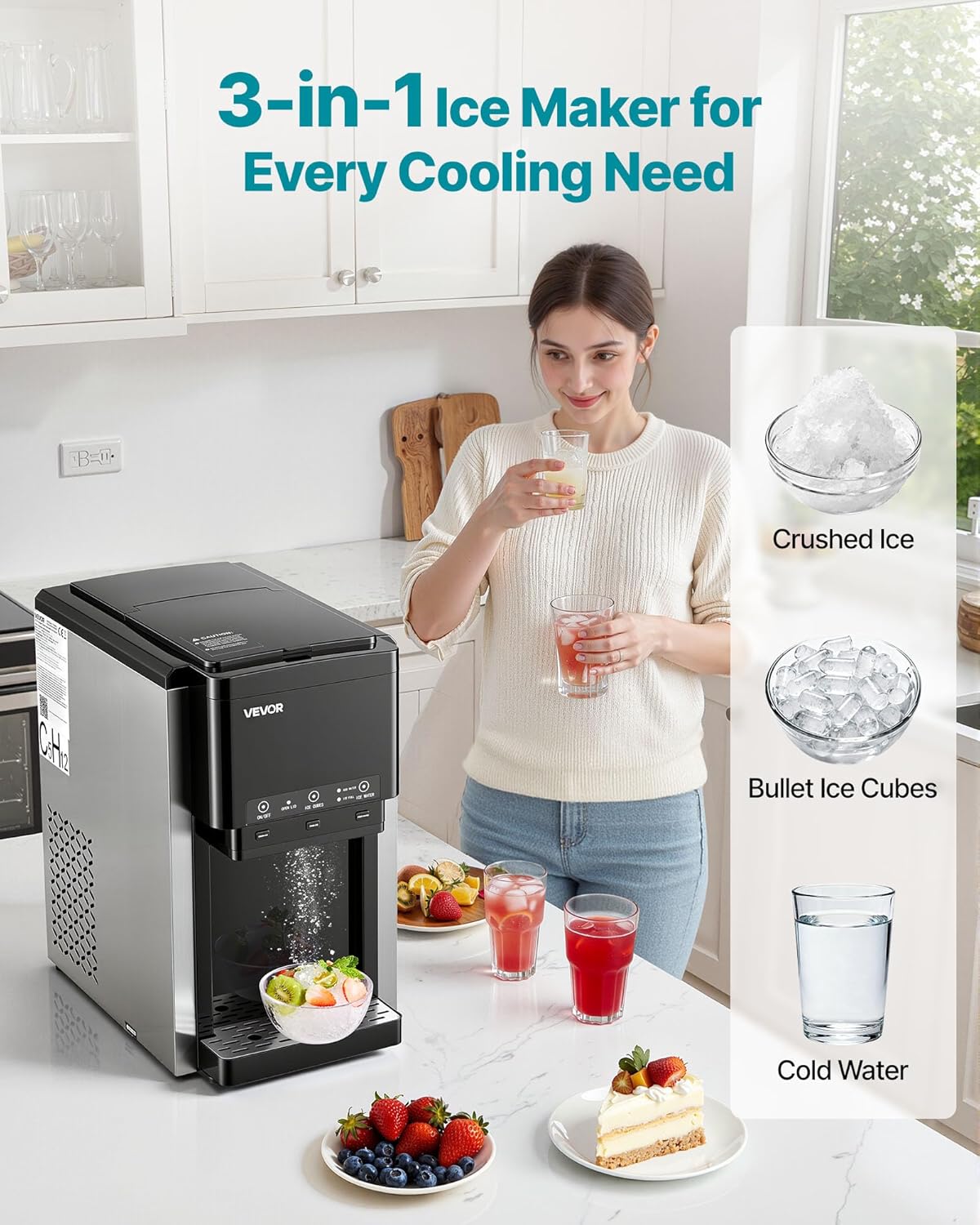 Distributeur d'Eau 3-en-1 avec Machine à Glaçons et Broyeur à Glace, Fontaine à Eau à Poser, pour Fête Cuisine Maison Bureau, Production Rapide de Cube 16 kg/24 h et 12 PCs/7 min, avec Pelle